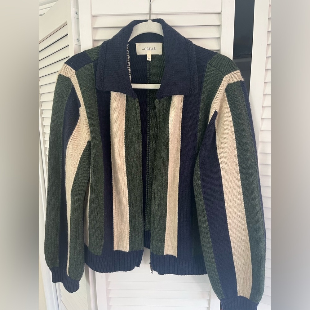 THE GREAT. Striped Zip Up Cardigan